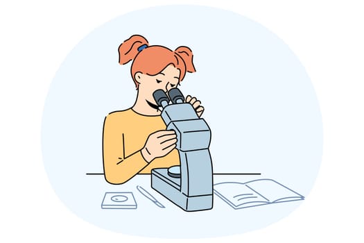 Smart little girl sit at desk in school look in microscope. Clever teen schoolgirl study item under microscope. Education and learning. Vector illustration.
