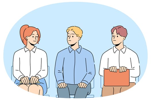 Men look at female job candidate sitting in line waiting for interview together. Male employees looking woman rival in office. Sexism and gender discrimination. Vector illustration.