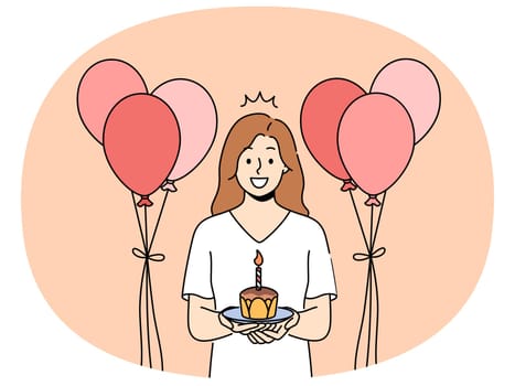 Smiling woman with cake in hands and balloons celebrate birthday. Happy girl with cupcake with candle enjoy anniversary celebration. Vector illustration.
