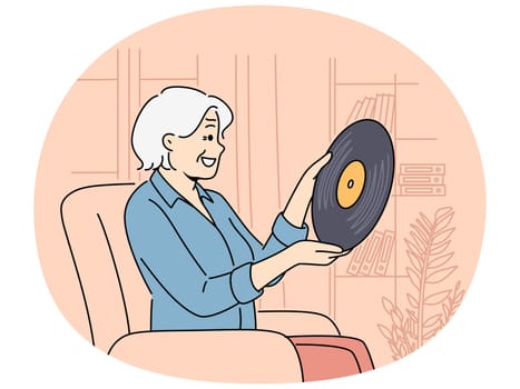 Smiling elderly woman relax at home listen to vinyl. Happy mature grandmother enjoy retro music. Hobby and leisure. Vector illustration.