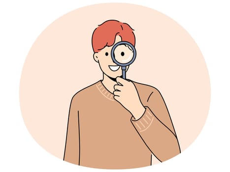 Smiling man with magnifying glass search for information or data. Happy guy with magnifier look for important message doing research. Vector illustration.
