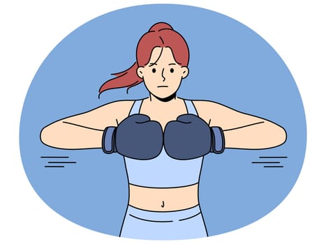 Powerful woman in sportswear with boxing gloves prepare for training or workout in gym. Strong girl boxer ready for workout. Sport and exercising. Vector illustration.