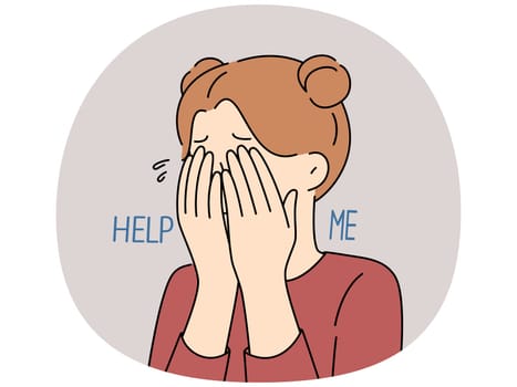 Unhappy little girl cry ask for help. Help me words on child hands. Concept of domestic violence and children abuse. Vector illustration.