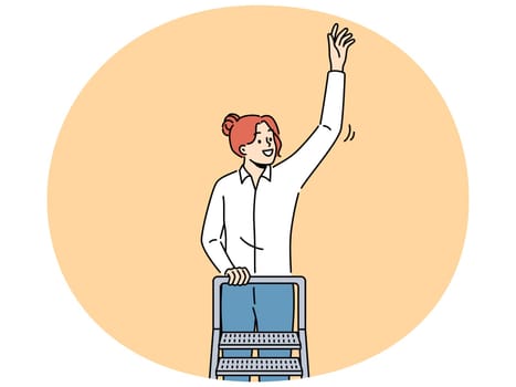 Smiling woman standing on ladder touching air with hand. Happy female worker climb career ladder. Professional achievement and success. Vector illustration.