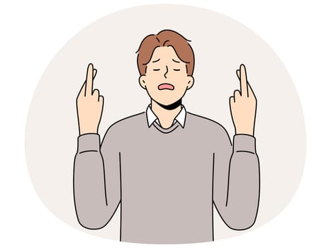 Hopeful man with finger crossed desire good fate and future. Male make gesture hope for better choices, ask god for good luck. Faith and superstition. Vector illustration.
