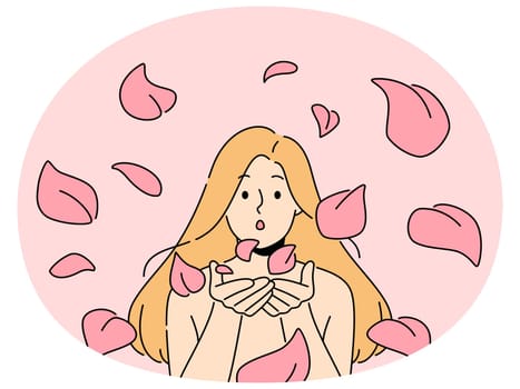 Naked woman blow rose petals to camera. Elegant blonde girl spread scent of flowers blowing petals. Vector illustration.