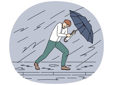 Decisive businessman with umbrella walk against storm and rain. Motivated male employee protect himself from business problems and heavy tasks. Vector illustration.