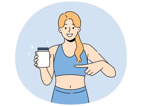 Smiling sportswoman in sportswear show at protein bottle in hands. Happy woman athlete recommend sport nutrition supplement for training or workout. Vector illustration.
