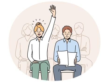 Smiling woman raise hand volunteer at team meeting in office. Confident female employee ask or answer question at seminar or conference. Vector illustration.