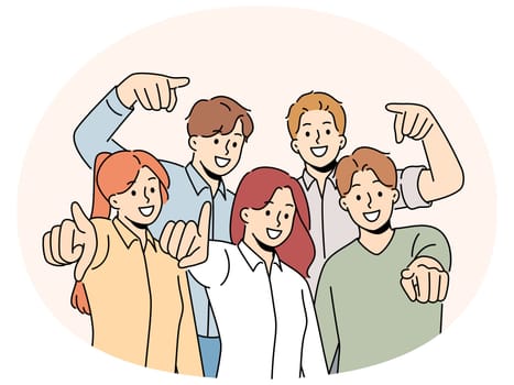 Group of smiling employees point at screen choose work candidate. Team of happy businesspeople choose you for employment or recruitment. Vector illustration.