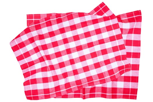 Closeup of a red and white checkered napkin or tablecloth texture isolated on white background. Kitchen accessories. Top view.
