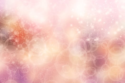 A festive abstract gradient pink yellow background texture with glitter defocused sparkle bokeh circles and stars. Card concept for Happy New Year, party invitation, valentine or other holidays.