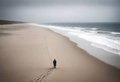 AI generated of a lone man walking along the beach with footprints