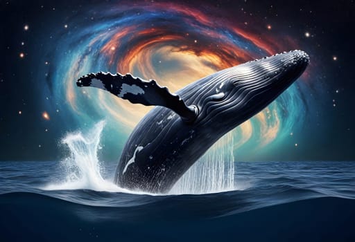 AI generated of a whale jumping out of the water with a galaxy background