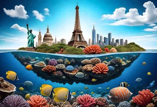 AI generated of an underwater scene with the eiffel tower and other landmarks