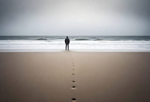 AI generated of a man stands alone on the beach with footprints leading to the ocean