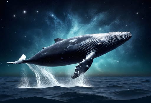 AI generated of a whale is jumping out of the water at night
