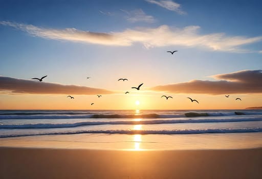 AI generated of a sunset over the ocean with birds flying over it