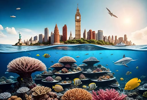 AI generated of underwater scene with coral reefs and big ben
