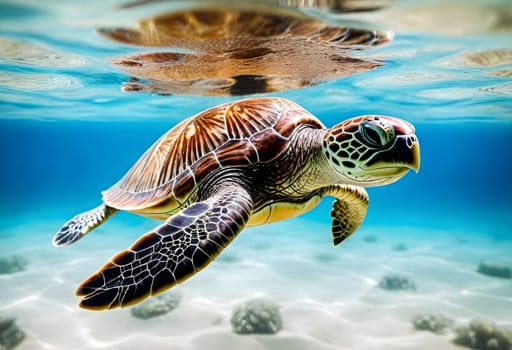 AI generated of a turtle swimming in the ocean with clear water