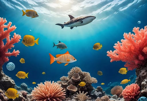 AI generated of a coral reef with a shark and other fish swimming around it