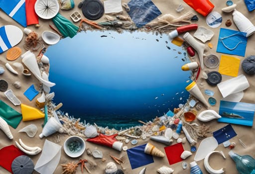 AI generated of a circle of sea shells with plastic pollution in the ocean, ocean pollution concept