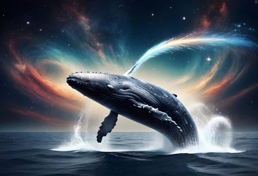 AI generated of a whale with a rainbow tail is jumping out of the water
