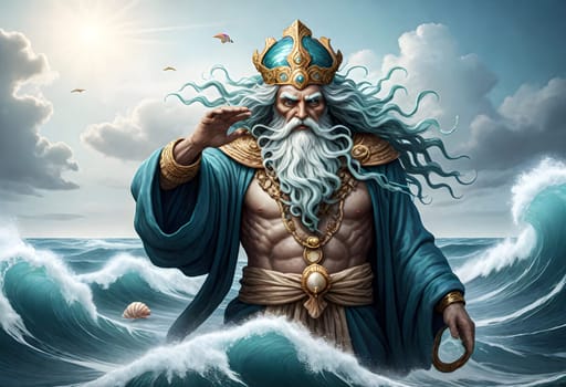 AI generated of the god of the sea is standing on the waves