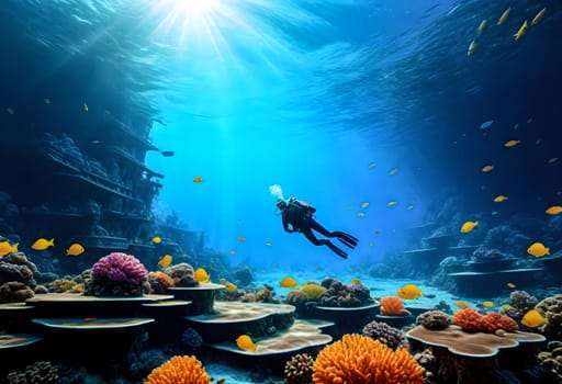 AI generated of scuba diver in the ocean with coral reefs and fish