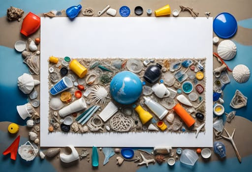 AI generated of a picture frame surrounded by various plastic waste items