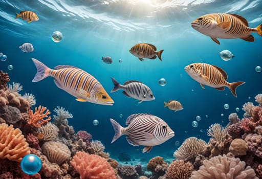 AI generated of fish swimming in the ocean with coral reefs
