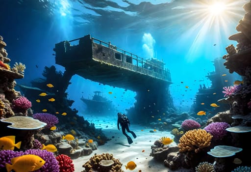 AI generated of scuba diver in the ocean with coral reefs and a boat