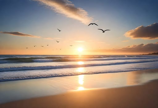 AI generated of a beach with birds flying over the water at sunset