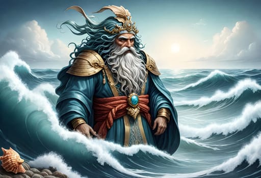 AI generated of the god of the sea is standing on the waves