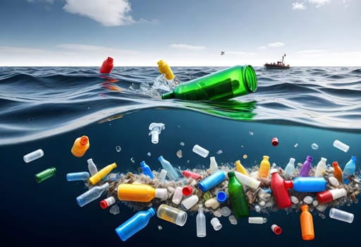 AI generated of a bunch of plastic bottles floating in the ocean