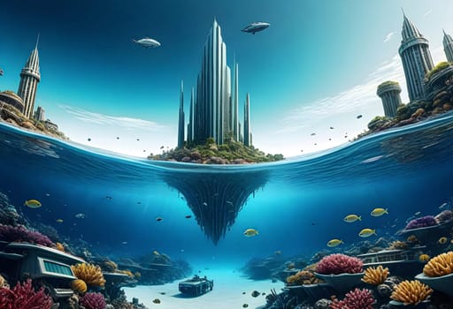 AI generated of a city underwater with a castle and fish