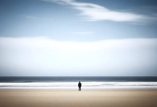 AI generated of a lone man stands on the beach looking out to sea