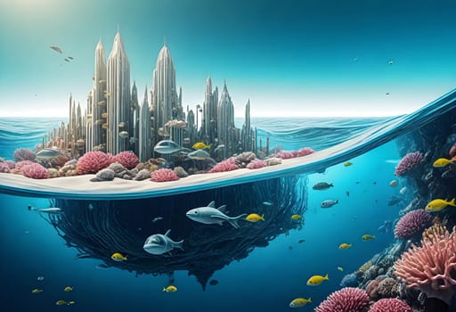 AI generated of a city underwater with coral reefs and fish