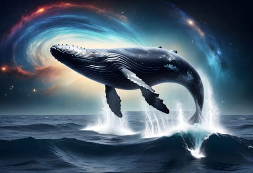 AI generated of a whale jumping out of the water with a galaxy background