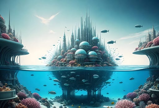 AI generated of a city under the sea with fish and coral