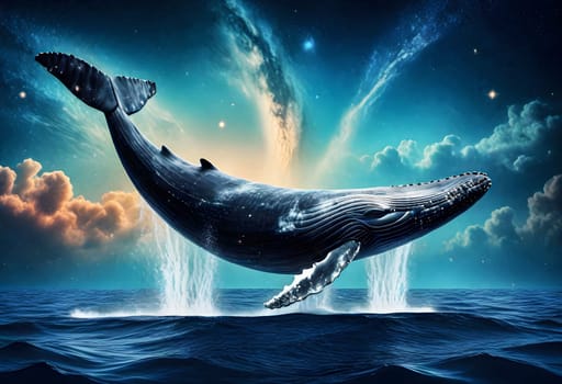 AI generated of a whale jumping out of the water with stars in the background