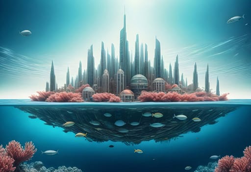 AI generated of an underwater city with buildings and fish