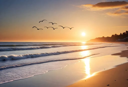 AI generated of a beach with birds flying over the water at sunset