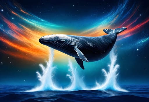 AI generated of a whale jumping out of the water with colorful lights
