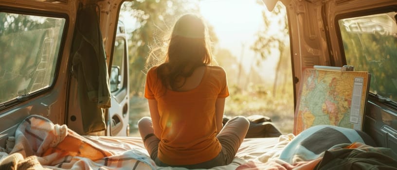 Warm sunlight fills the interior of a campervan, illuminating a young woman seated amidst a cozy nest of blankets and pillows, creating a serene and inviting atmosphere