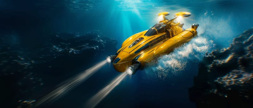 A highly advanced, yellow submersible craft with multiple propulsion systems effortlessly glides through the ocean depths, its powerful searchlights illuminating the vibrant marine environment