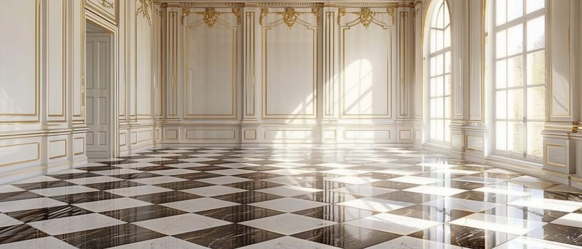 An ornate and grand palace hall with intricate wall paneling, arched doorways, and a magnificent checkered marble floor that reflects the warm natural light streaming through the large windows