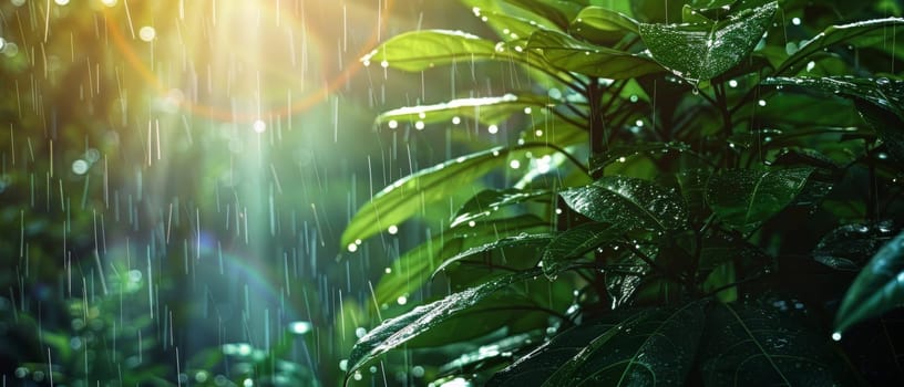 A cascade of raindrops weaves through the emerald leaves of a dense rainforest, with a subtle rainbow hinting at nature's magic
