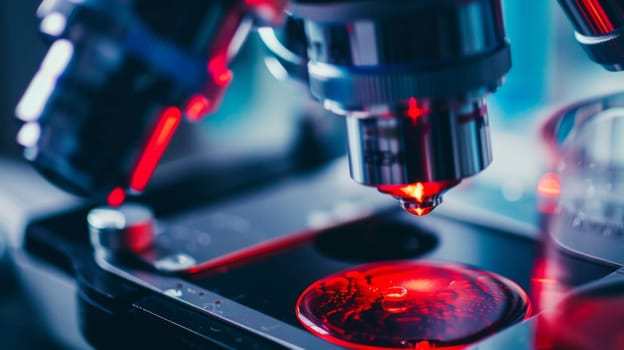 A close-up view of a microscope with a red light illuminating the sample slide, highlighting intricate details for scientific examination and analysis.