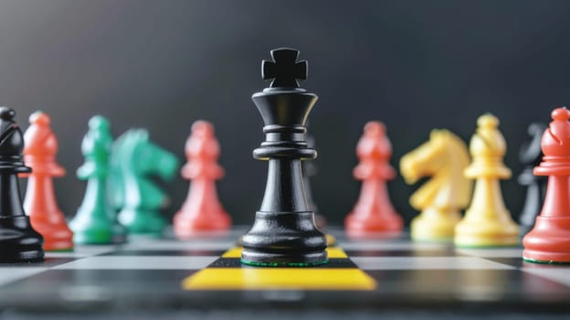 In this close-up shot, a classic chess board is displayed with various pieces strategically placed on it. The black and white chess pieces are set up for a game, showcasing the intricate details of the board and the different pieces arranged on it.